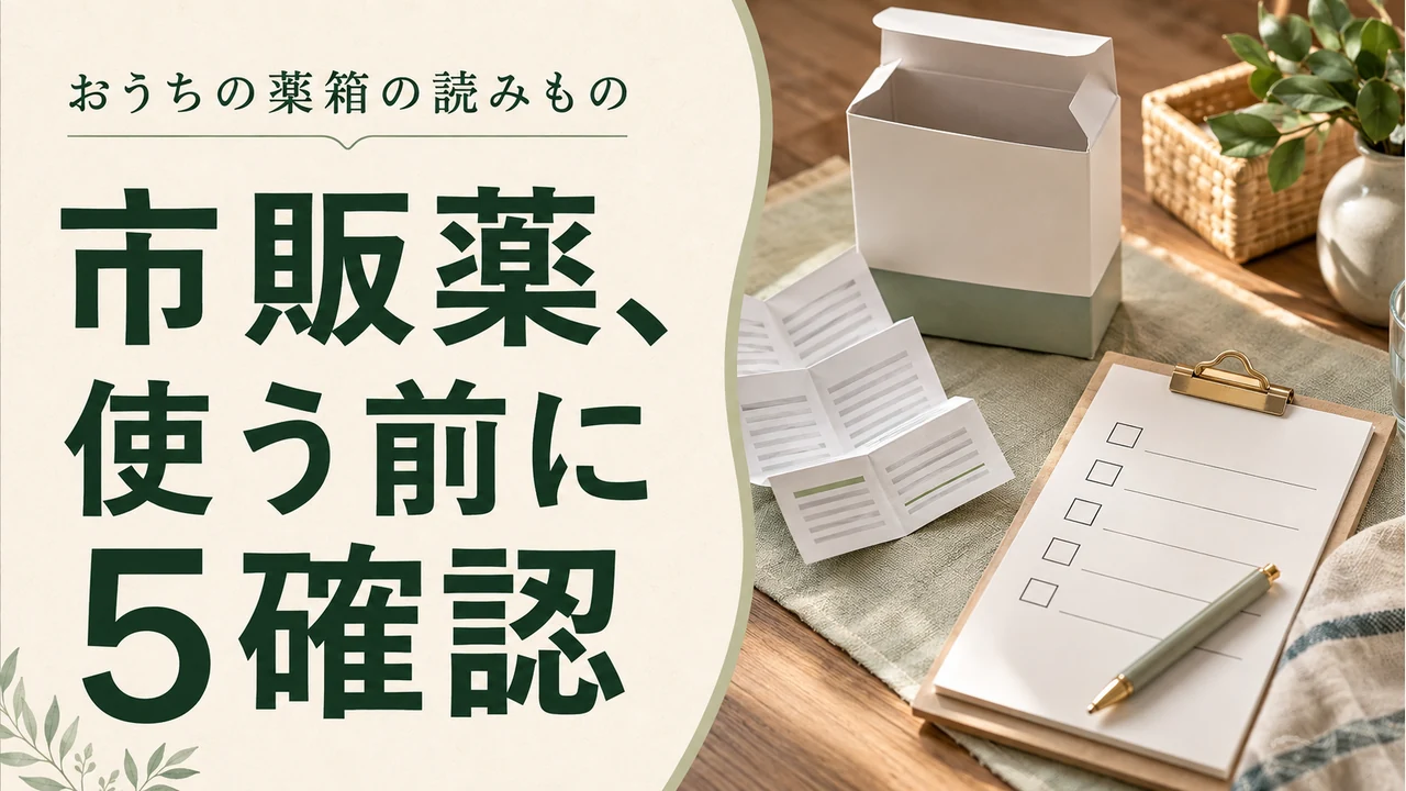 市販薬、使う前に5確認 — 薬の管理を考えるイメージ